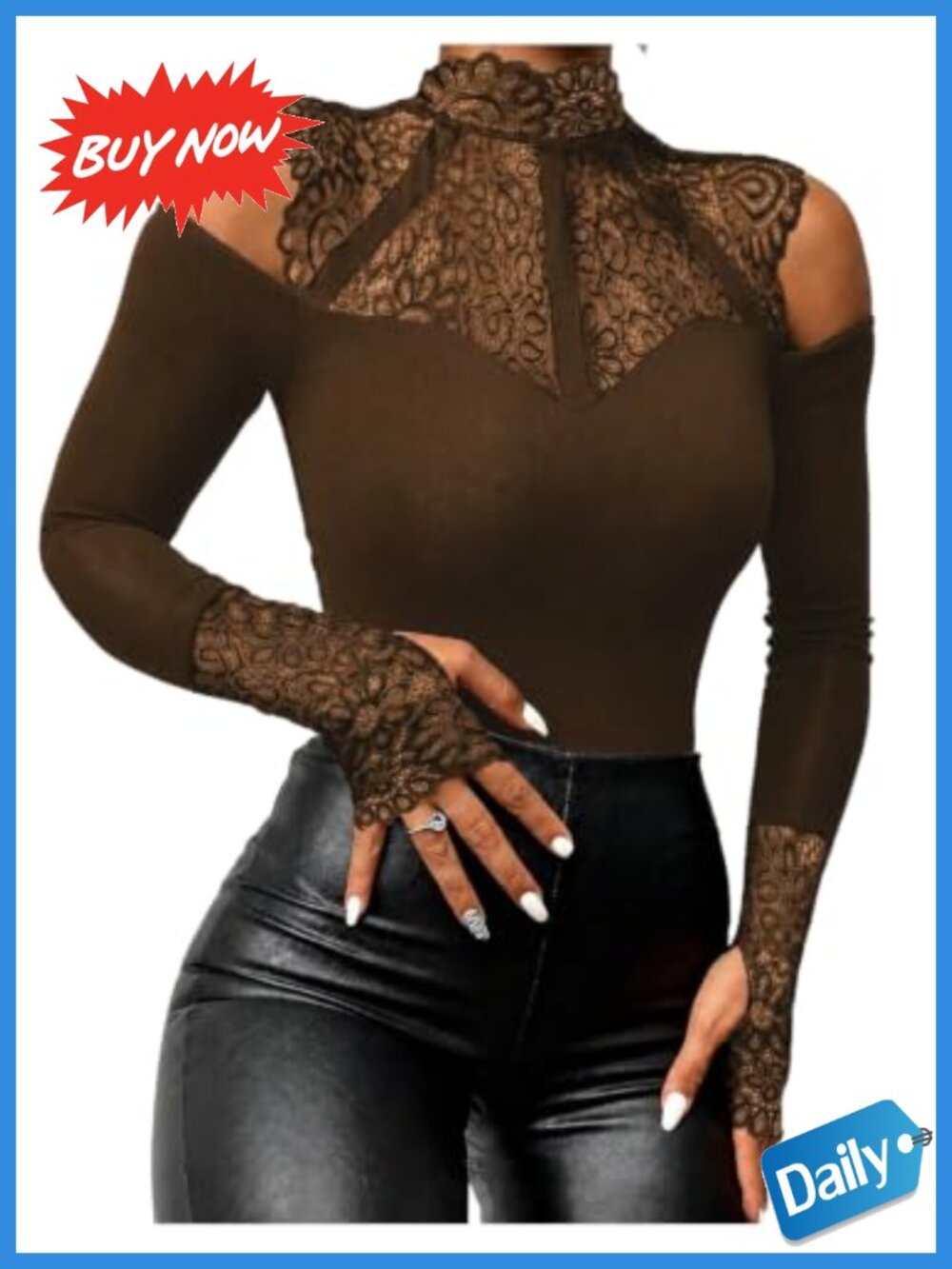 Lace Cold Shoulder Long Sleeve Mock Neck Y2K Top Women